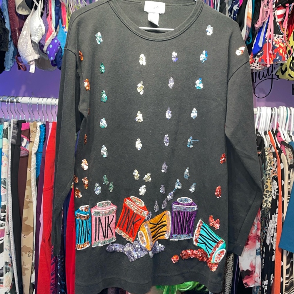 North Spirt petites Long sleeve shirt warm design sequins with INk bottles tatto